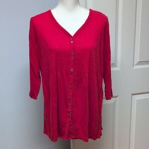 J. Jill Peasant Linen Blend Pintuck Front Button-Down 3/4 Sleeve Red Size MP